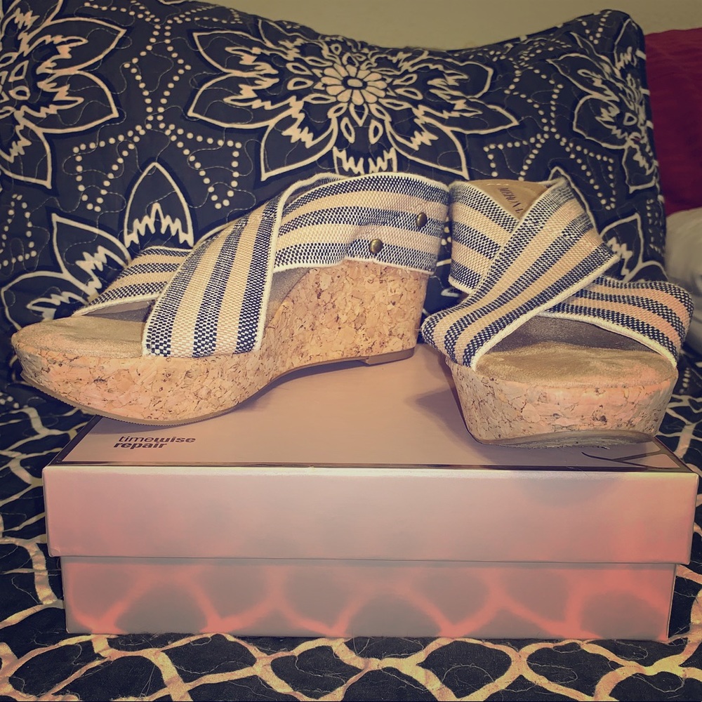 Blue & Tan Elastic Strap Merona Cork Wedges